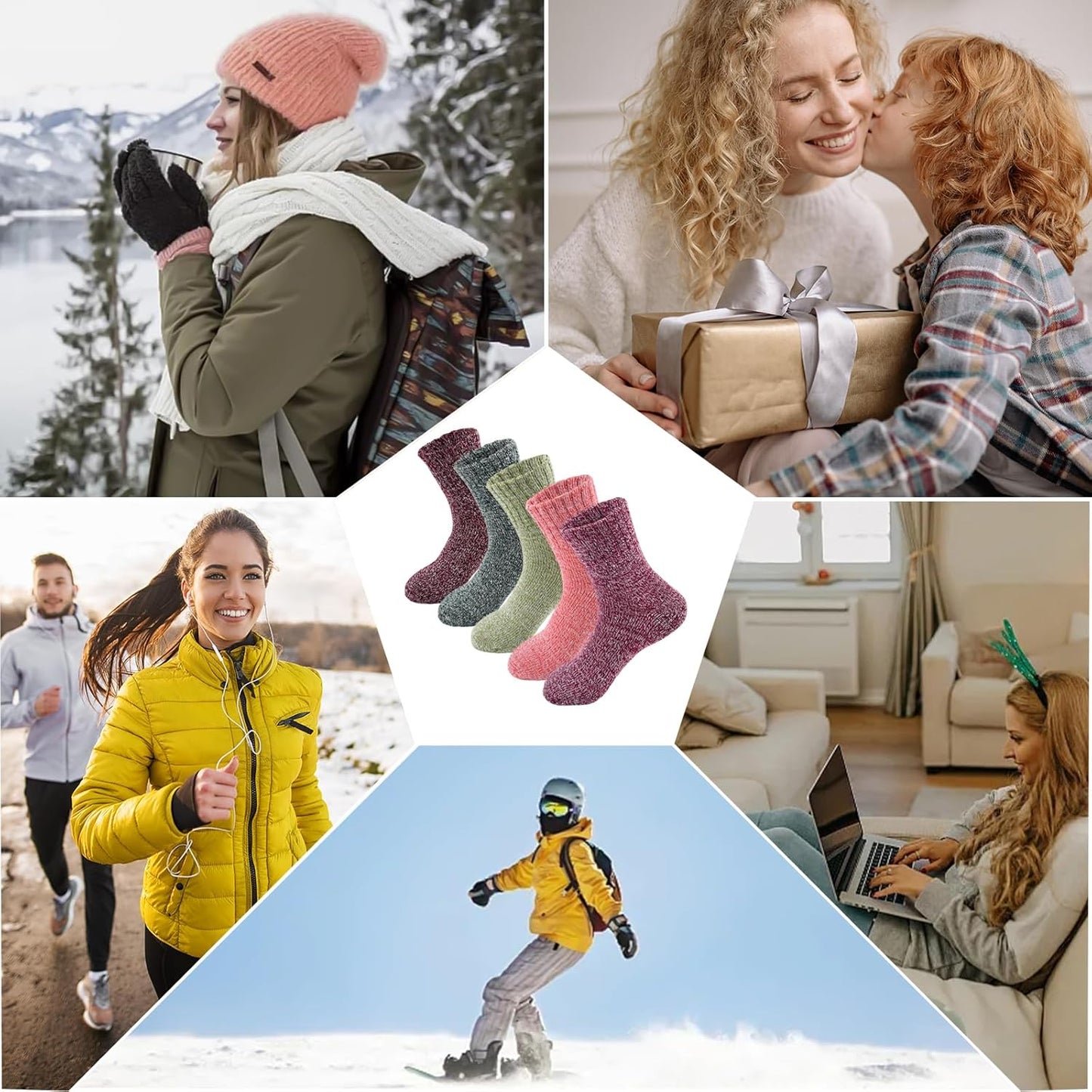 5Pairs Free Size Fuzzy Socks Soft Wool Crew Warm Socks for Women Winter Multicolor Christmas Womens Winter Socks Gift Box