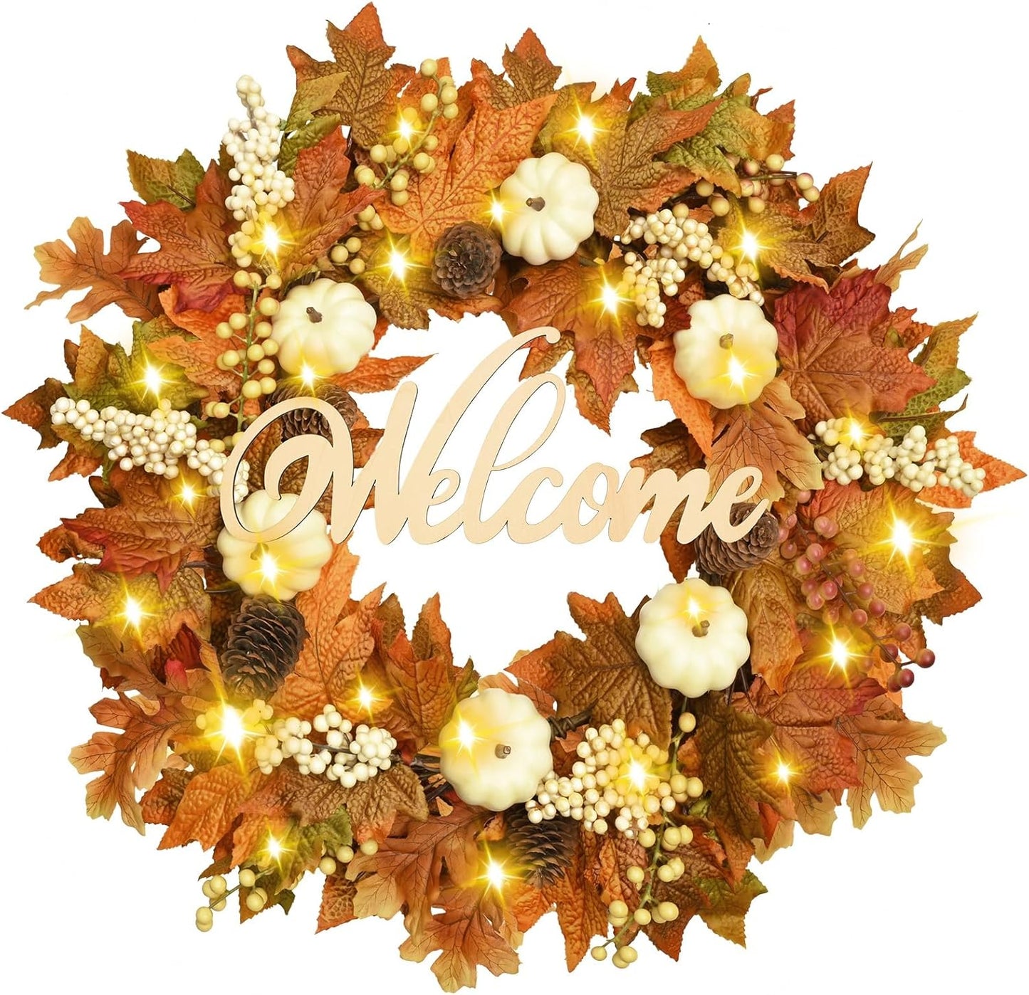 Waipfaru Fall Wreaths for Front Door - 20'' Autumn Wreath with Lights & Welcome Sign & Timer Function, Fall Leaf Reef Farmhouse Thanksgiving Decor for Outdoor Porch Patio