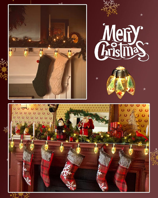 JUSTOTRY 2PC 6.6ft Christmas Lights for Indoor Bedroom Decorations - 10 LED Globe Bulbs String Light with Tree & Snow & Cute Ornaments for Home Patio Decor Fireplace Xmas Tree Decoration