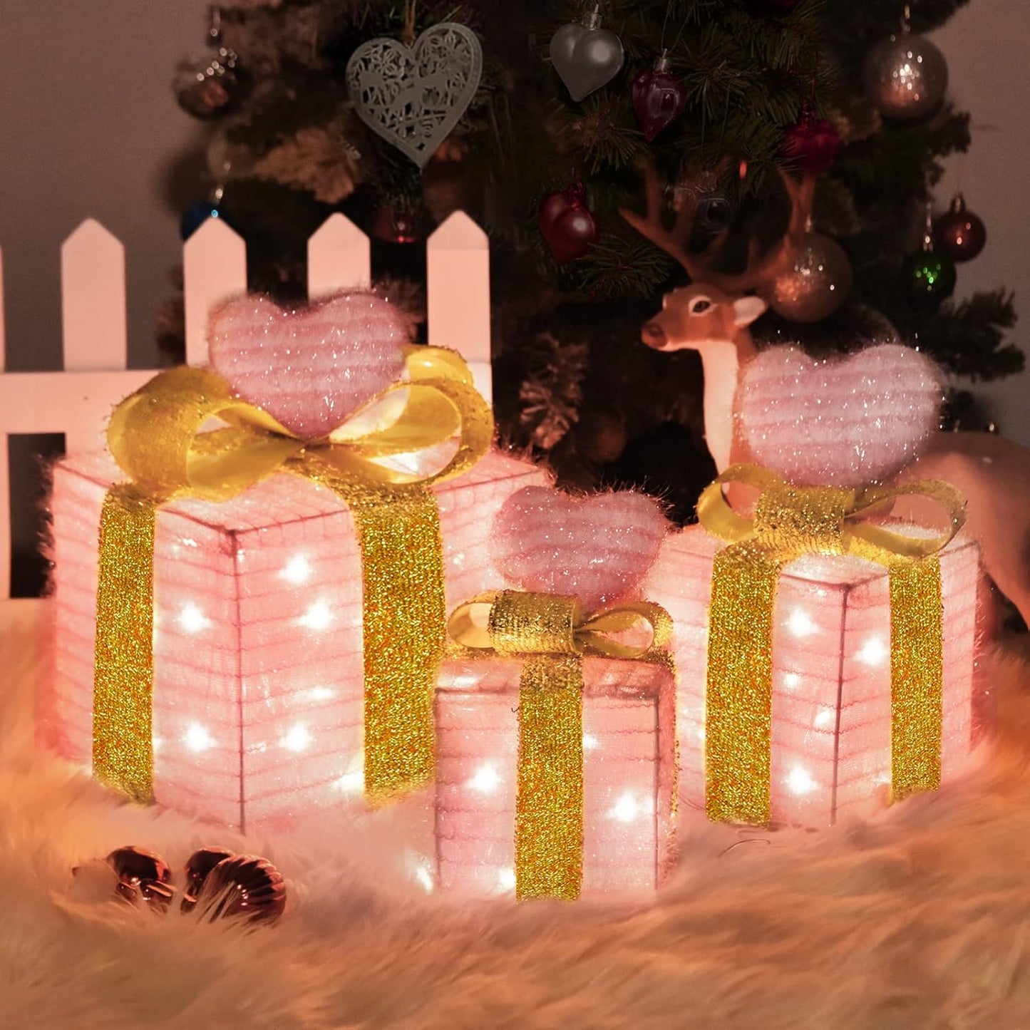 Christmas Joy Lighted Gift Boxes Decorations Set of 3, 2.6Ft Stackable Christmas Nesting Boxes Battery Operated for Home and Party Decoration