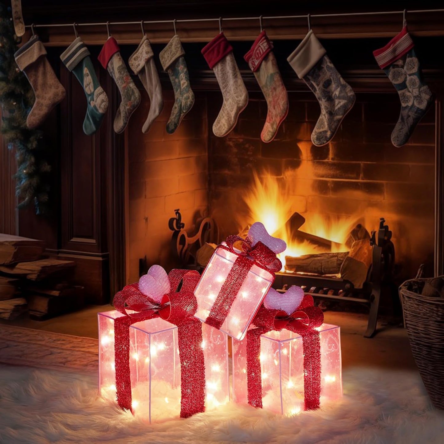 Christmas Joy Lighted Gift Boxes Decorations Set of 3, 2.6Ft Stackable Christmas Nesting Boxes Battery Operated for Home and Party Decoration