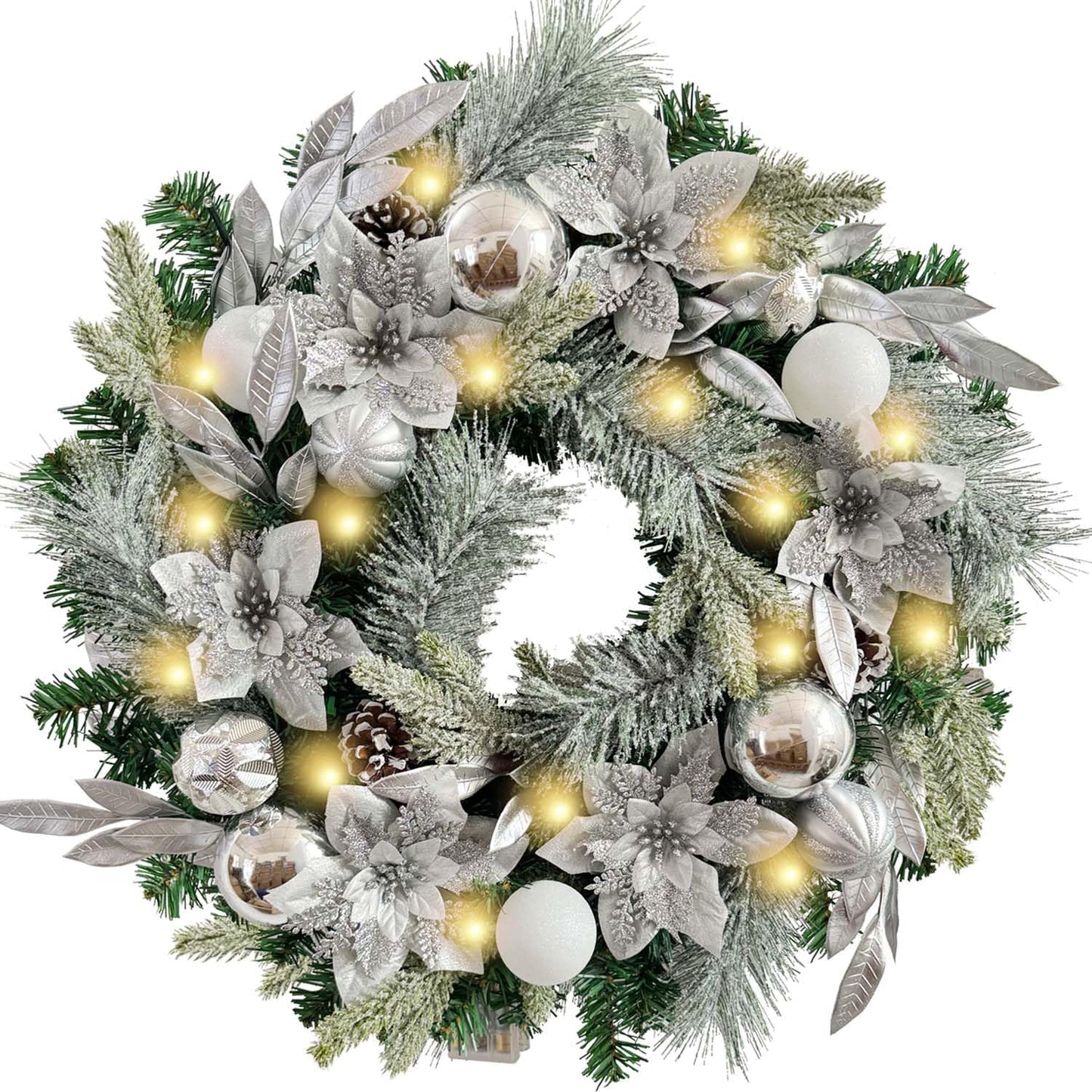 Pre-Lit 24 Inch Lighted Christmas Wreath for Front Door Champagne Gold Christmas Door Wreath Decor with Ball Ornaments, Poinsettia Flowers,Ribbon,Pine Cones,Battery Operated 30 LED Lights