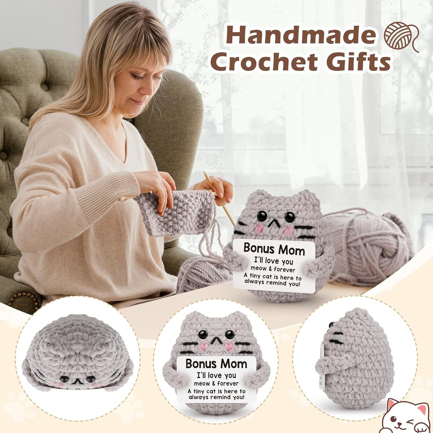 Crochet Cat Easter Basket Stuffers Positive Cat Crochet for Friend for Mom Grandma Dad Grandpa Daughter Son Gifts, Emotional Coworker Sister Brother Support Small Birthday Gifts