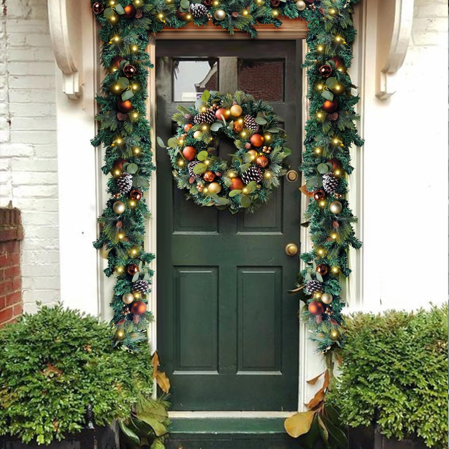 Pre-Lit 24 Inch Lighted Christmas Wreath for Front Door Champagne Gold Christmas Door Wreath Decor with Ball Ornaments, Poinsettia Flowers,Ribbon,Pine Cones,Battery Operated 30 LED Lights