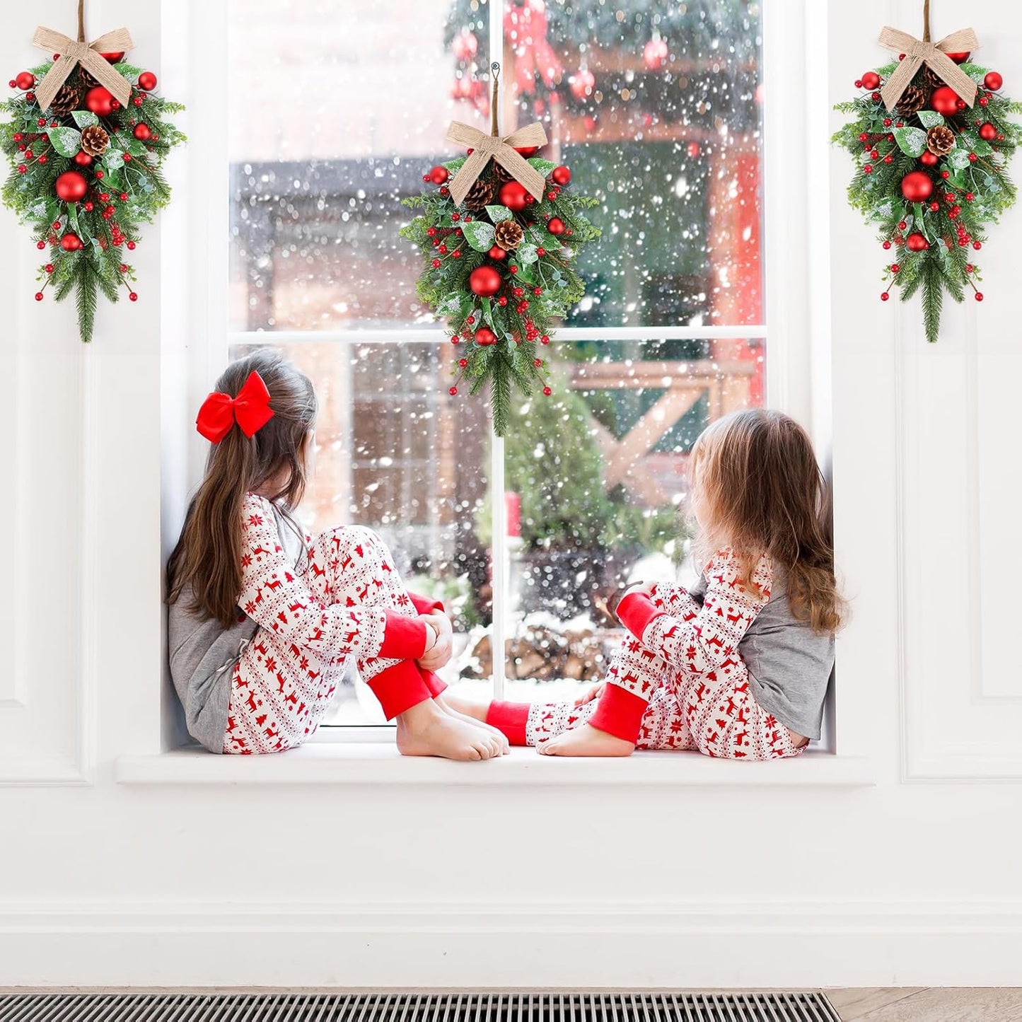 24" Christmas Wreaths for Front Door 2 PCS Christmas Teardrop Swag Winter Wreath with Red Ball Red Berry Pine Needles for Indoor Outdoor Farmhouse Home Wall Window Festival Wedding Decor