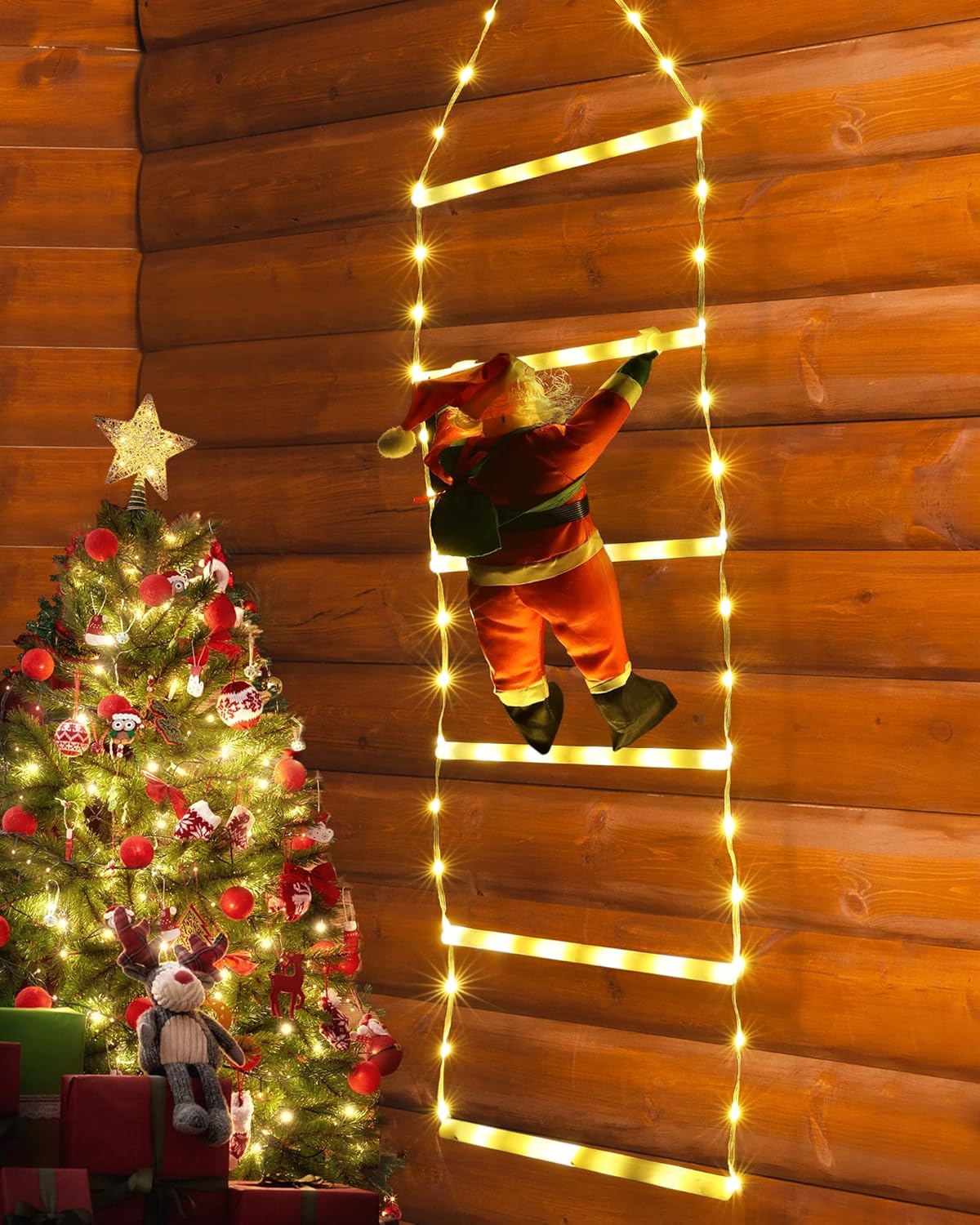 LED Christmas Lights - 10ft Christmas Decorative Ladder Lights with Santa Claus, Xmas Decorations Light for Indoor Outdoor, Window, Garden, Home, Wall, Xmas Tree Decor - Warm White