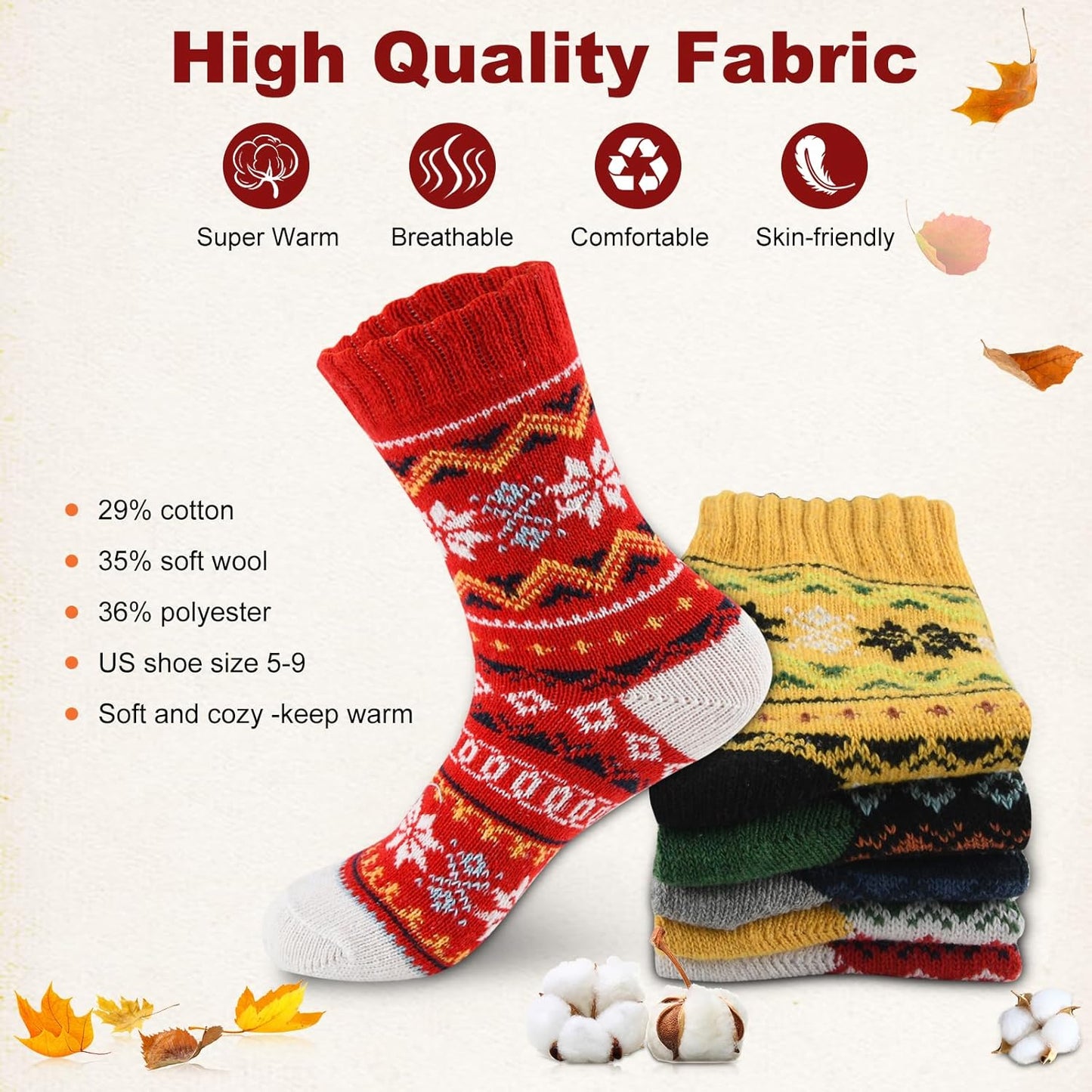 5Pairs Free Size Fuzzy Socks Soft Wool Crew Warm Socks for Women Winter Multicolor Christmas Womens Winter Socks Gift Box