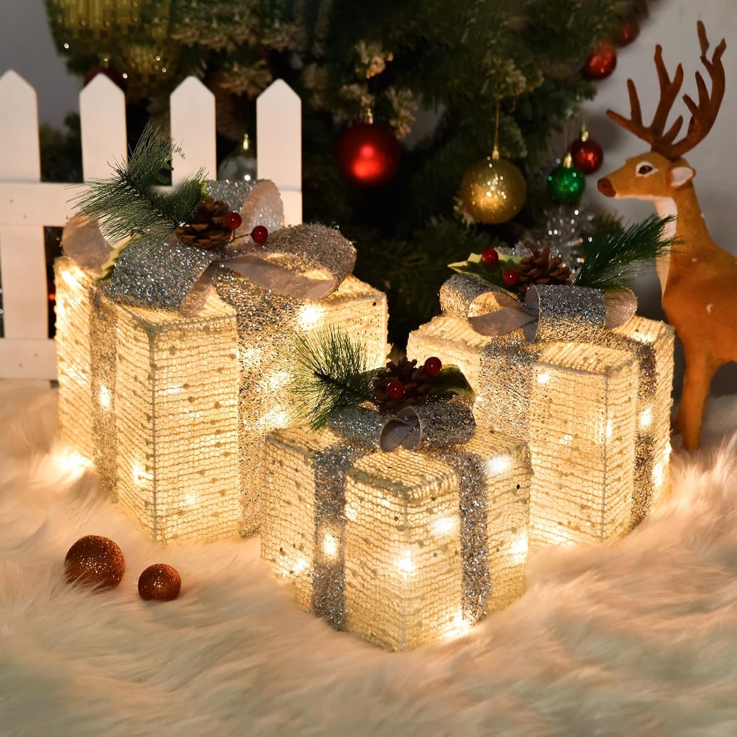 Christmas Joy Lighted Gift Boxes Decorations Set of 3, 2.6Ft Stackable Christmas Nesting Boxes Battery Operated for Home and Party Decoration