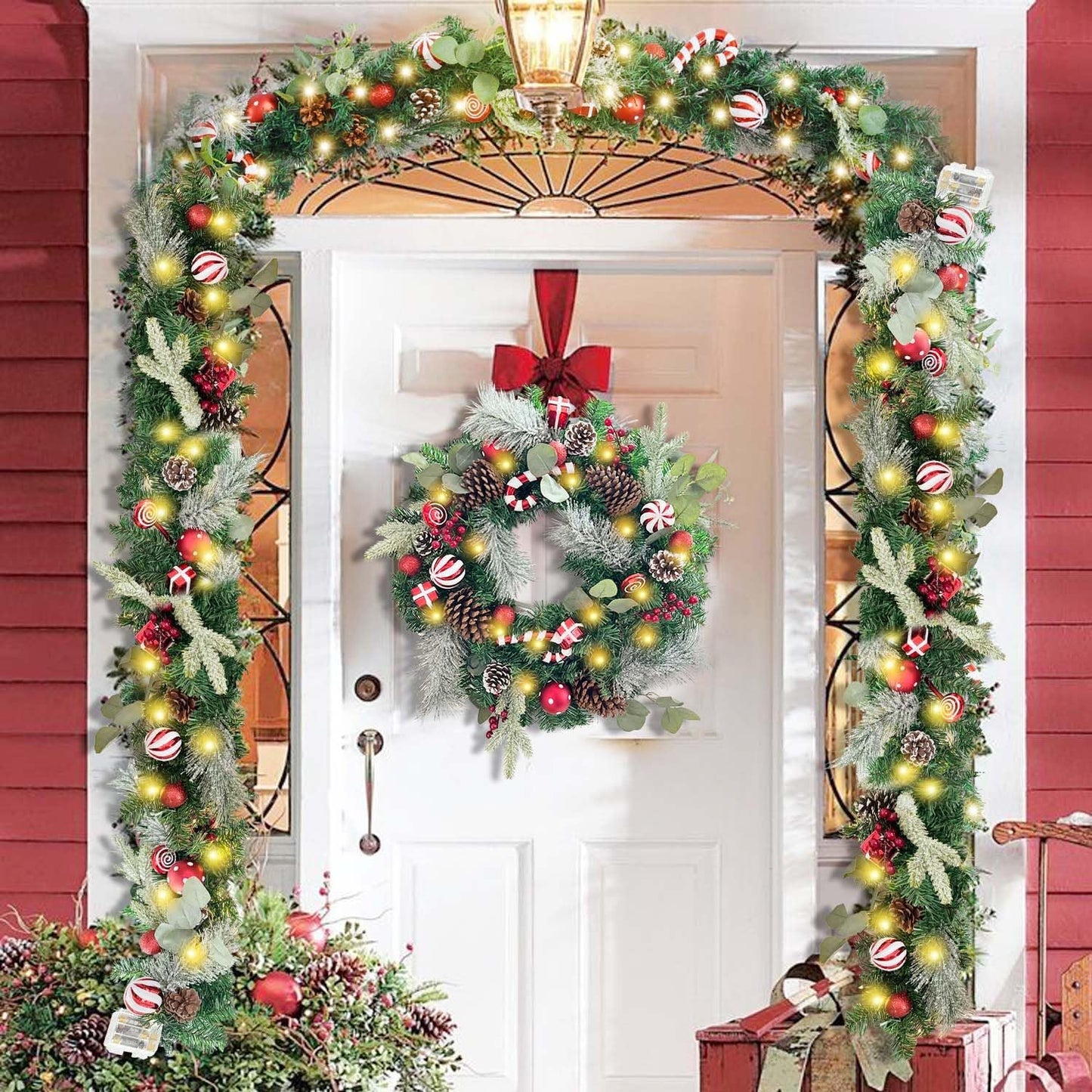 Pre-Lit 24 Inch Lighted Christmas Wreath for Front Door Champagne Gold Christmas Door Wreath Decor with Ball Ornaments, Poinsettia Flowers,Ribbon,Pine Cones,Battery Operated 30 LED Lights
