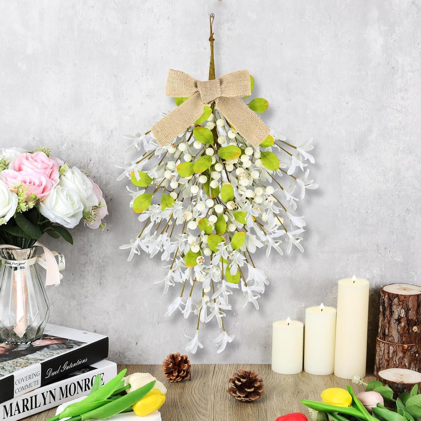 24" Christmas Wreaths for Front Door 2 PCS Christmas Teardrop Swag Winter Wreath with Red Ball Red Berry Pine Needles for Indoor Outdoor Farmhouse Home Wall Window Festival Wedding Decor