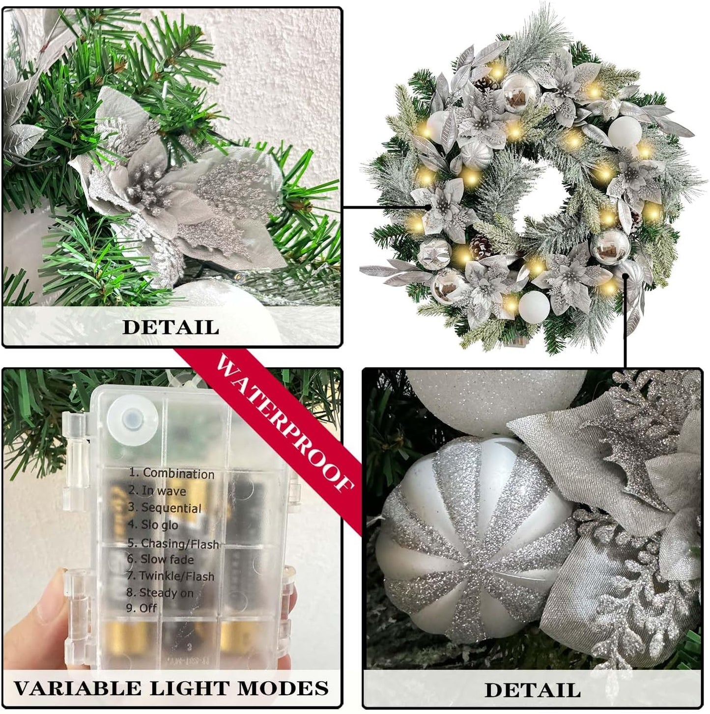 Pre-Lit 24 Inch Lighted Christmas Wreath for Front Door Champagne Gold Christmas Door Wreath Decor with Ball Ornaments, Poinsettia Flowers,Ribbon,Pine Cones,Battery Operated 30 LED Lights