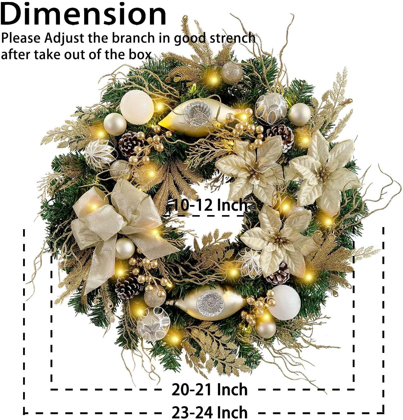 Pre-Lit 24 Inch Lighted Christmas Wreath for Front Door Champagne Gold Christmas Door Wreath Decor with Ball Ornaments, Poinsettia Flowers,Ribbon,Pine Cones,Battery Operated 30 LED Lights