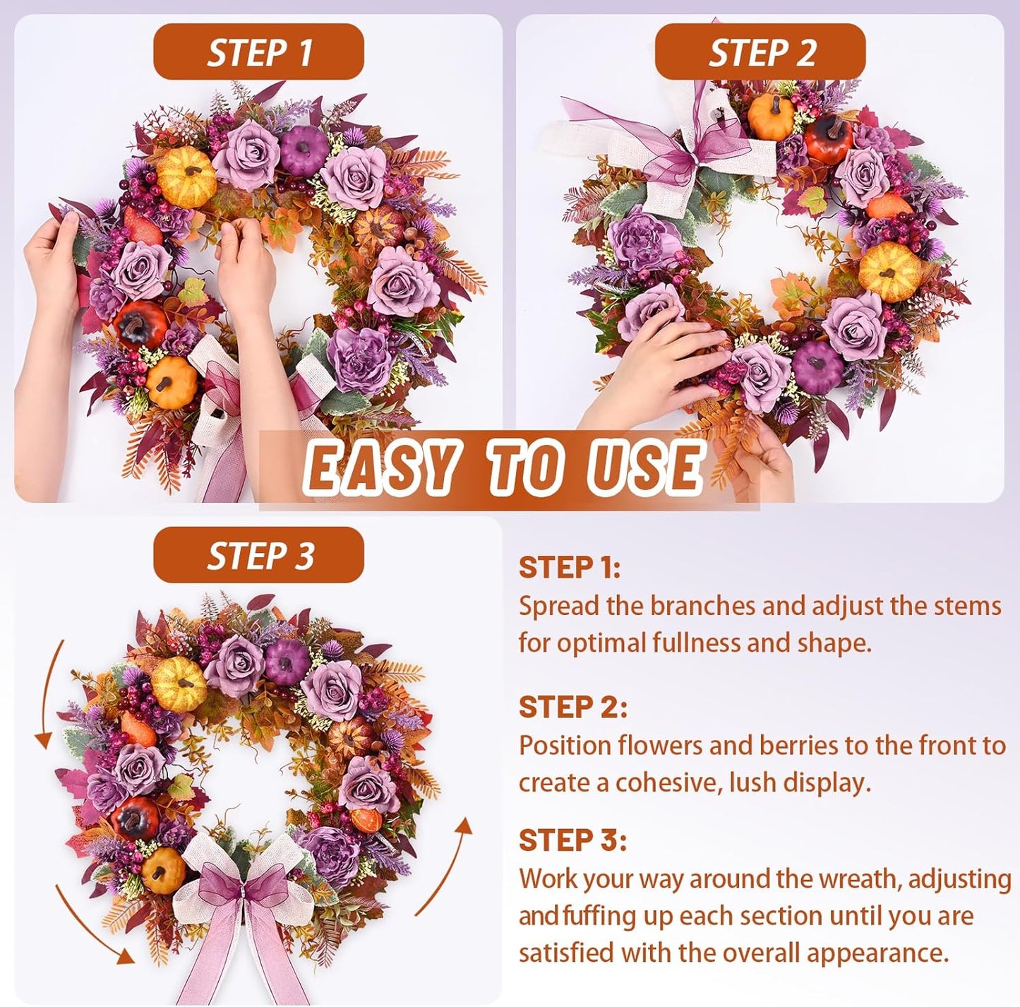 Fall Decor - 2025 Fall Wreaths for Front Door Outside with Blooming Silk Rose, Lifelike Fall Pumpkin Purple Berries & Bow, 18" Fall Door Wreath with Lights for Thanksgiving Door Wall Outside