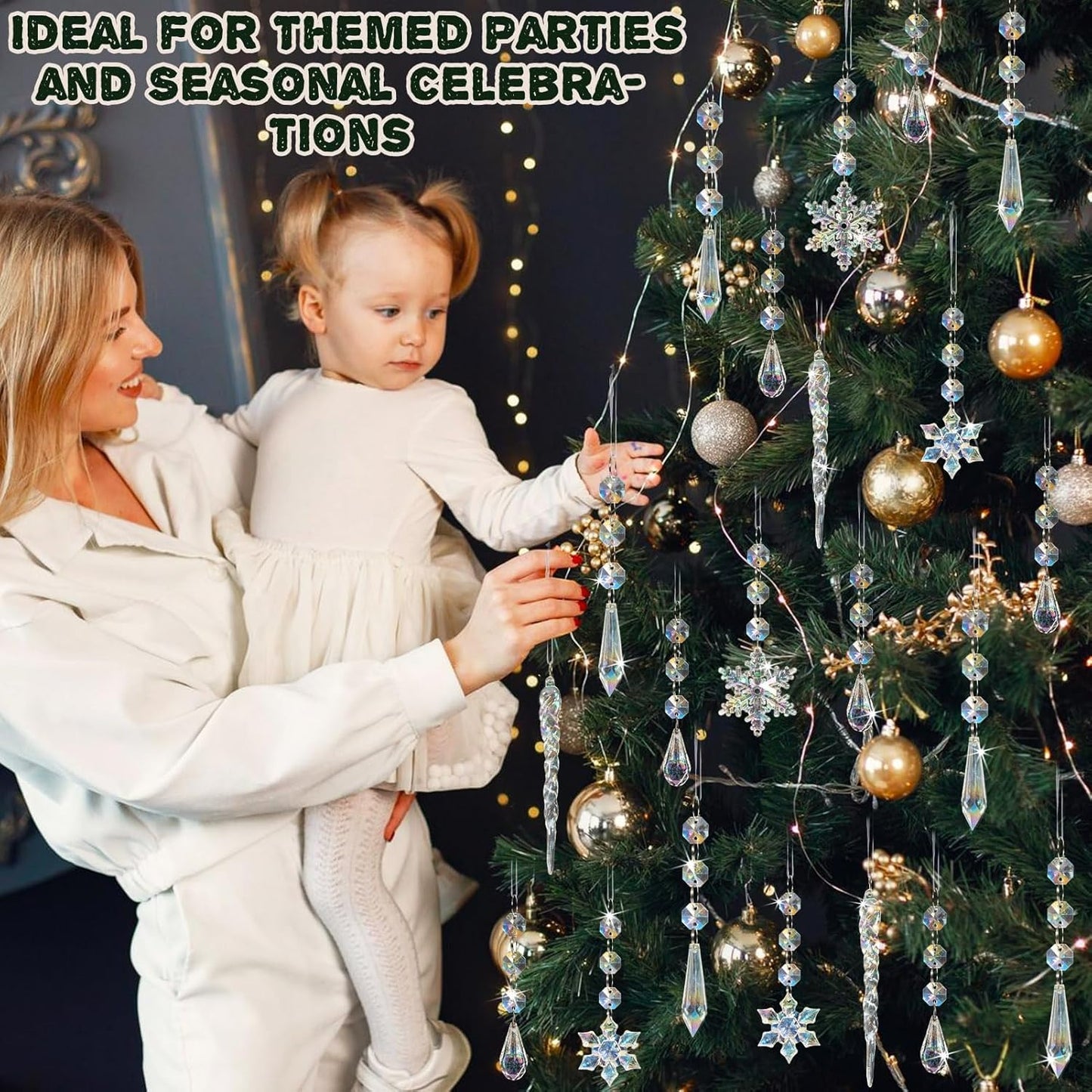 18pcs Christmas Tree Decoration Crystal Ornaments - Hanging Acrylic Christmas Snowflake Icicle Drop Crystal Ornaments for Xmas Tree Winter New Year Party Supplies