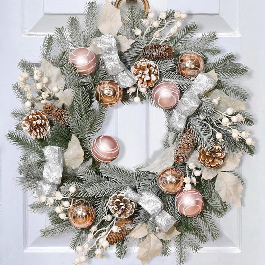 20" Christmas Wreath with Balls, Christmas Door Wreath with Bow Ribbon Berries & Pine Cones Xmas Wreaths for Front Door Wall Home Outdoor Decor