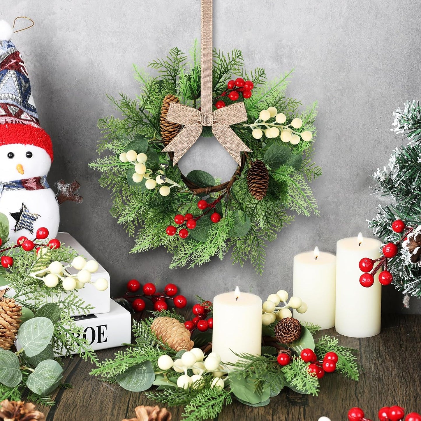 24" Christmas Wreaths for Front Door 2 PCS Christmas Teardrop Swag Winter Wreath with Red Ball Red Berry Pine Needles for Indoor Outdoor Farmhouse Home Wall Window Festival Wedding Decor