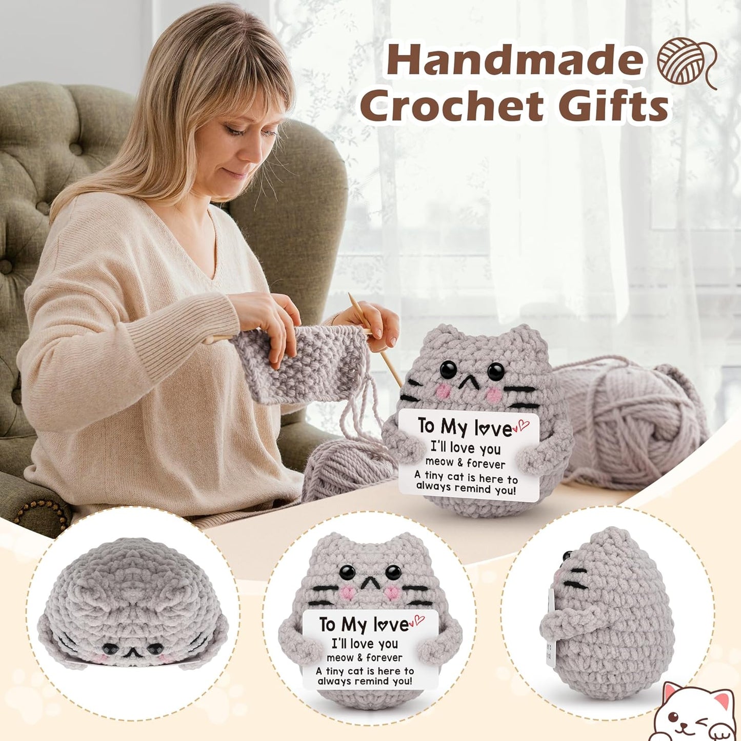 Crochet Cat Easter Basket Stuffers Positive Cat Crochet for Friend for Mom Grandma Dad Grandpa Daughter Son Gifts, Emotional Coworker Sister Brother Support Small Birthday Gifts