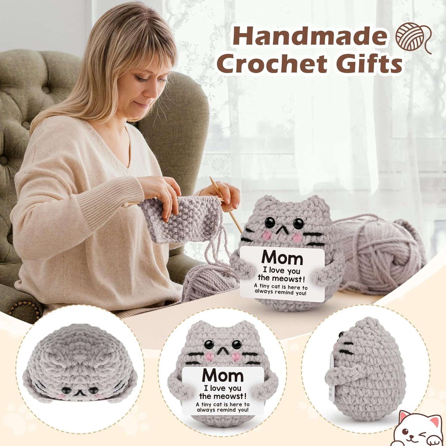 Crochet Cat Easter Basket Stuffers Positive Cat Crochet for Friend for Mom Grandma Dad Grandpa Daughter Son Gifts, Emotional Coworker Sister Brother Support Small Birthday Gifts