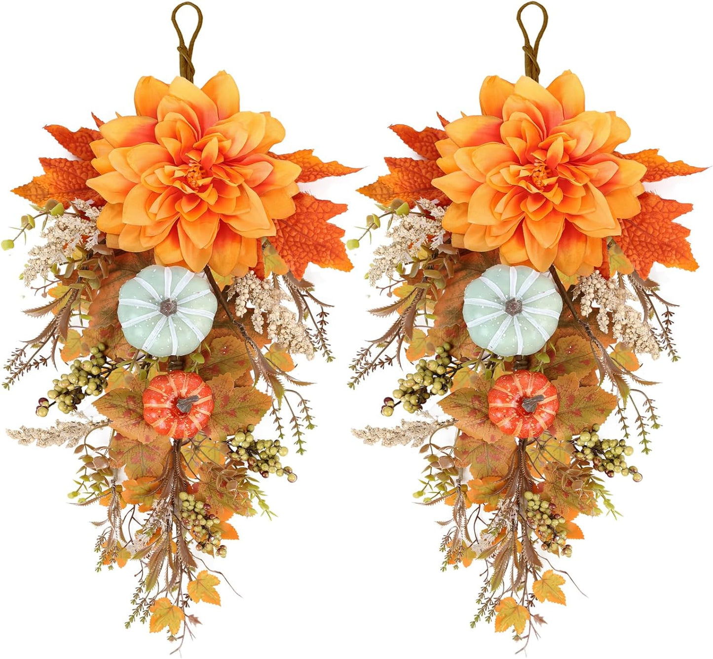 24" Christmas Wreaths for Front Door 2 PCS Christmas Teardrop Swag Winter Wreath with Red Ball Red Berry Pine Needles for Indoor Outdoor Farmhouse Home Wall Window Festival Wedding Decor