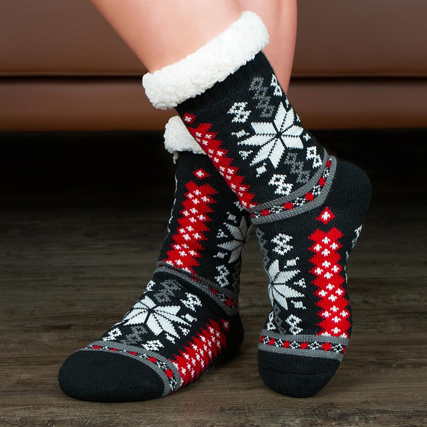 Women's Fuzzy Slipper Socks with Non-Slip Grippers, Cozy Fluffy Sherpa Lined, Cute Christmas Gifts