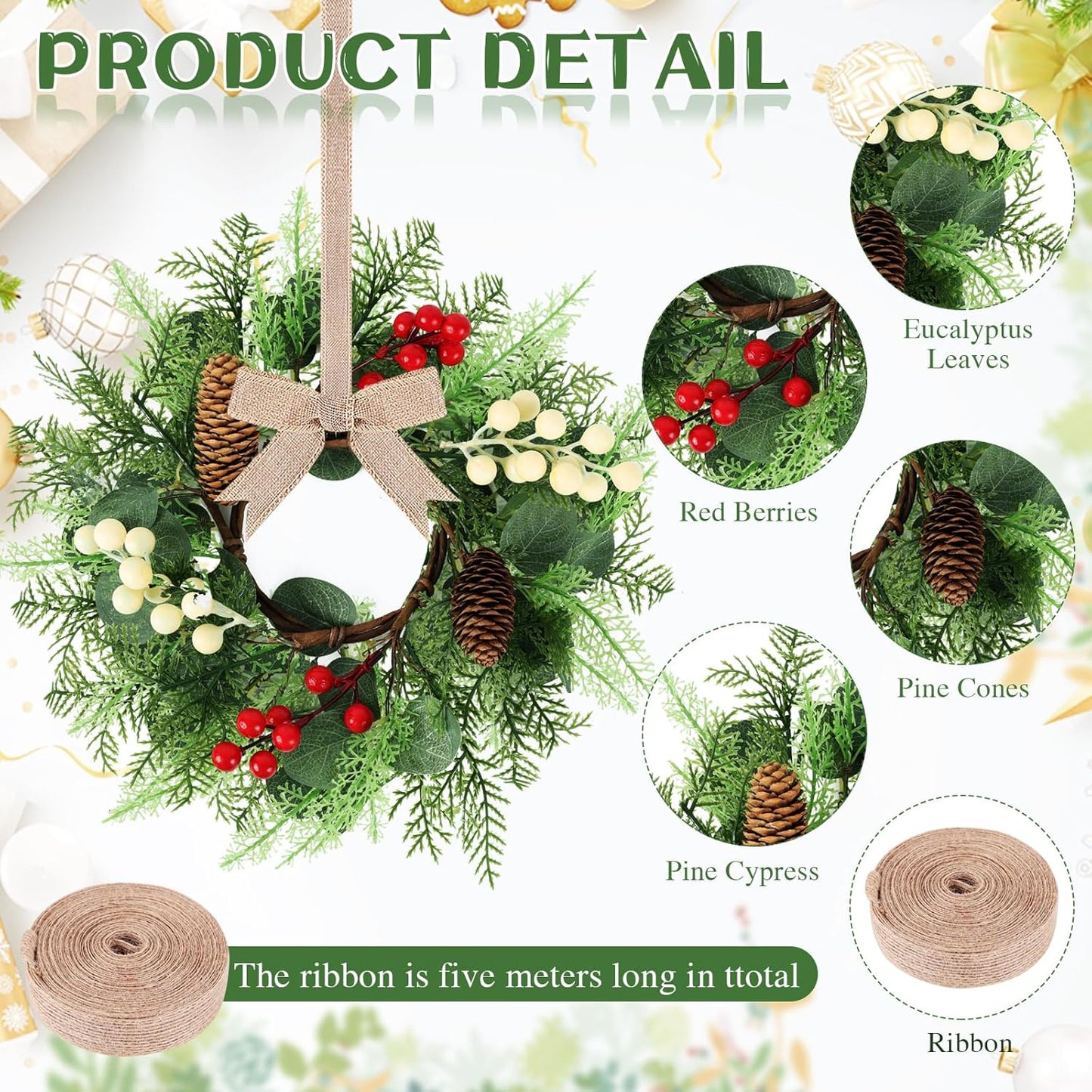24" Christmas Wreaths for Front Door 2 PCS Christmas Teardrop Swag Winter Wreath with Red Ball Red Berry Pine Needles for Indoor Outdoor Farmhouse Home Wall Window Festival Wedding Decor
