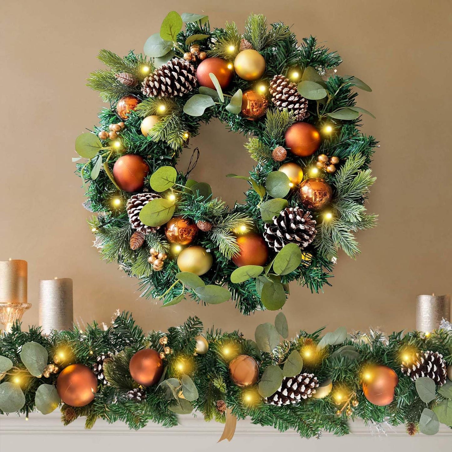 Pre-Lit 24 Inch Lighted Christmas Wreath for Front Door Champagne Gold Christmas Door Wreath Decor with Ball Ornaments, Poinsettia Flowers,Ribbon,Pine Cones,Battery Operated 30 LED Lights