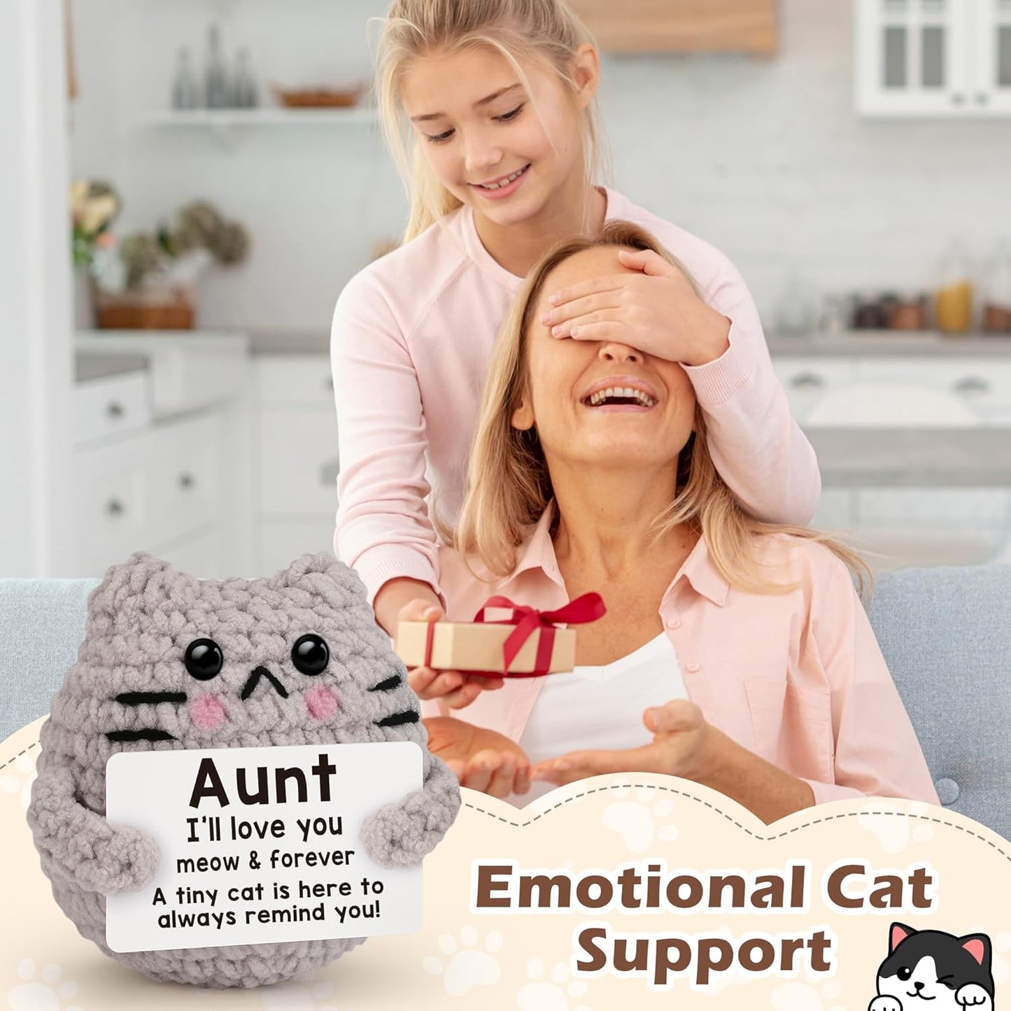 Crochet Cat Easter Basket Stuffers Positive Cat Crochet for Friend for Mom Grandma Dad Grandpa Daughter Son Gifts, Emotional Coworker Sister Brother Support Small Birthday Gifts