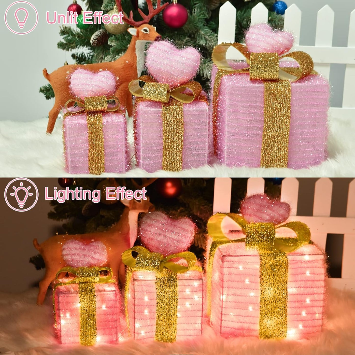 Christmas Joy Lighted Gift Boxes Decorations Set of 3, 2.6Ft Stackable Christmas Nesting Boxes Battery Operated for Home and Party Decoration
