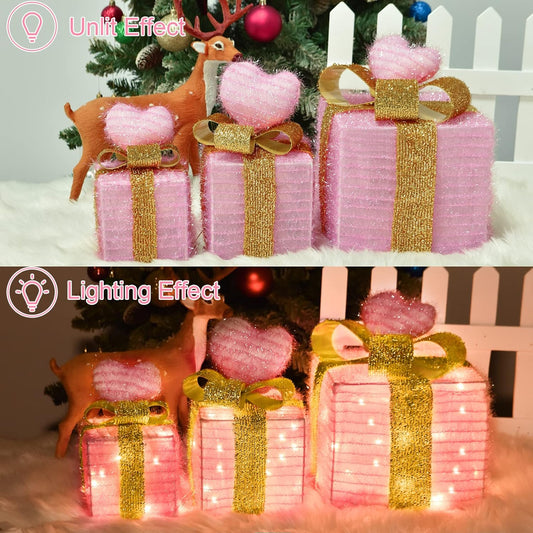 Christmas Joy Lighted Gift Boxes Decorations Set of 3, 2.6Ft Stackable Christmas Nesting Boxes Battery Operated for Home and Party Decoration