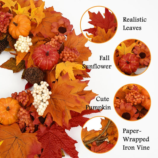 Waipfaru Fall Wreaths for Front Door - 20'' Autumn Wreath with Lights & Welcome Sign & Timer Function, Fall Leaf Reef Farmhouse Thanksgiving Decor for Outdoor Porch Patio