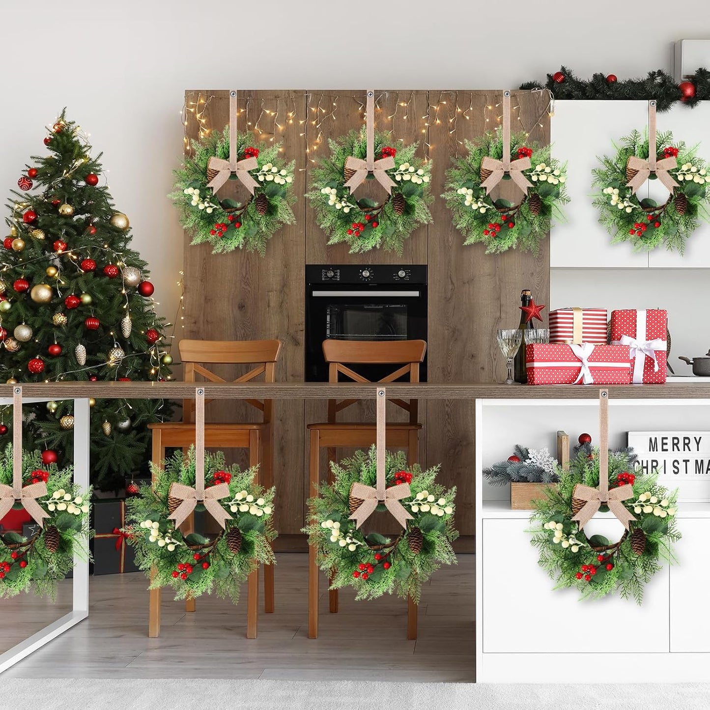 24" Christmas Wreaths for Front Door 2 PCS Christmas Teardrop Swag Winter Wreath with Red Ball Red Berry Pine Needles for Indoor Outdoor Farmhouse Home Wall Window Festival Wedding Decor