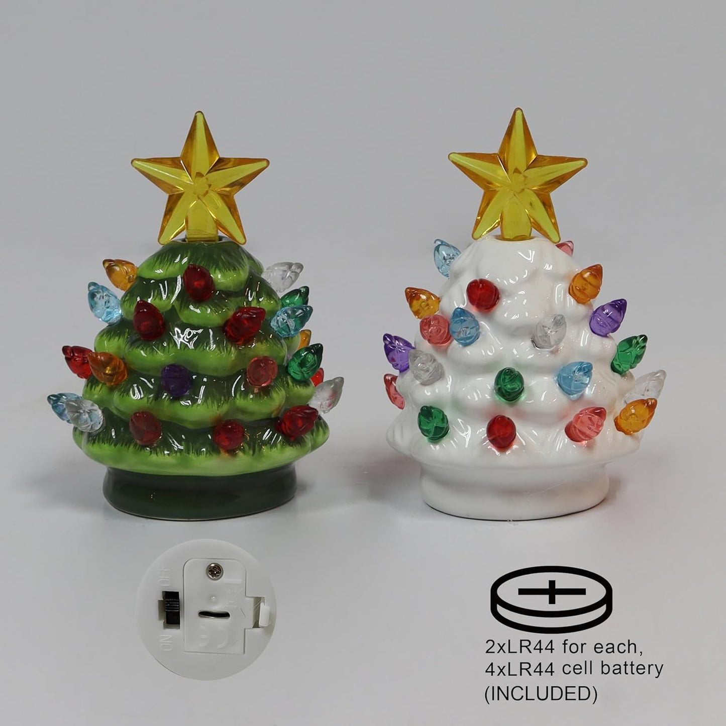 MOMENTS IN TIME 2pc 3.5”H LED Ceramic Mini Christmas Tree, LED Light up, Battery Operated Cell Battery Included.