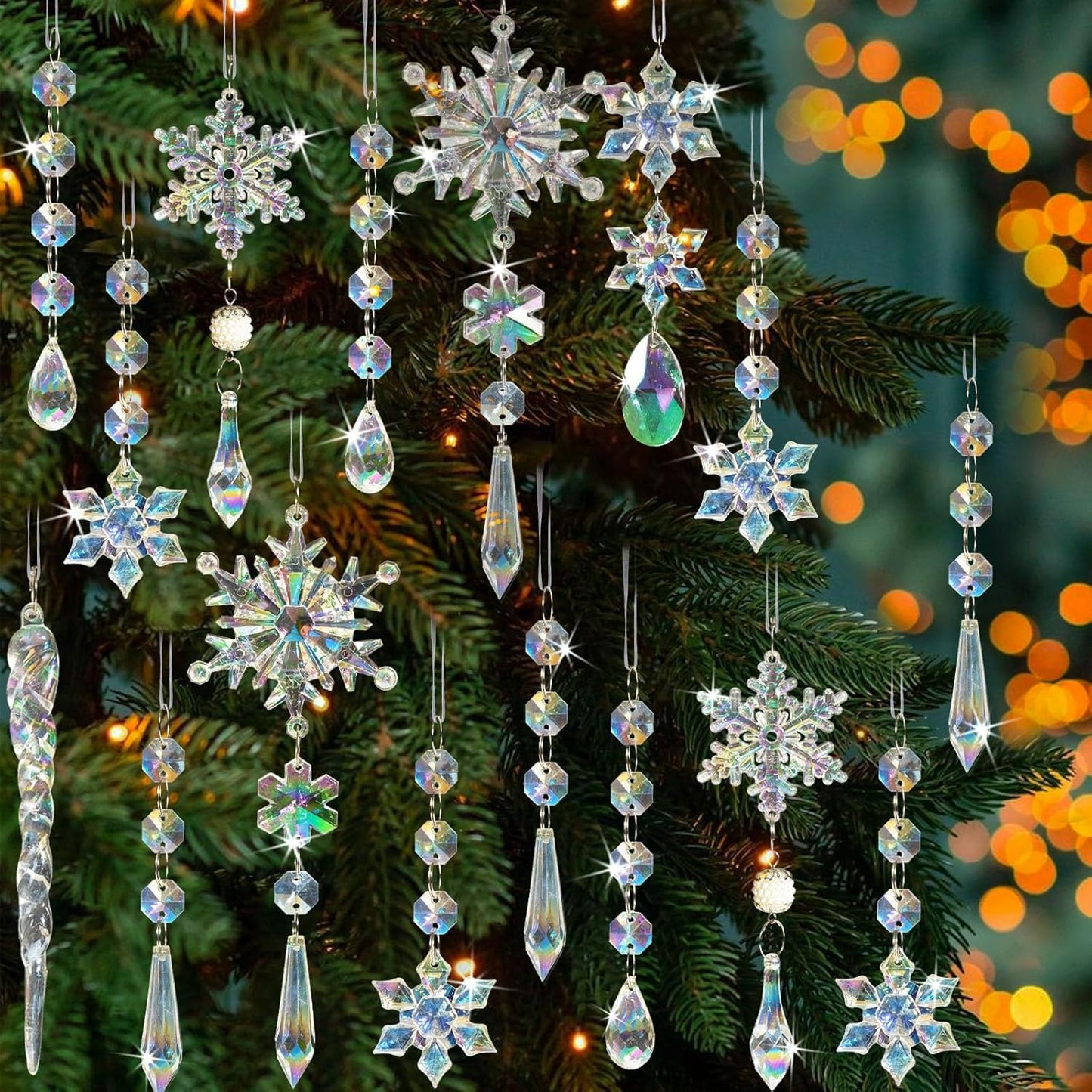 18pcs Christmas Tree Decoration Crystal Ornaments - Hanging Acrylic Christmas Snowflake Icicle Drop Crystal Ornaments for Xmas Tree Winter New Year Party Supplies