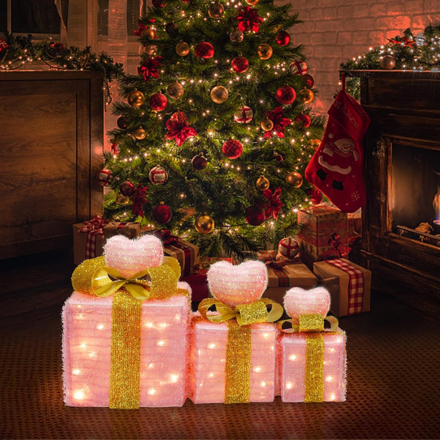 Christmas Joy Lighted Gift Boxes Decorations Set of 3, 2.6Ft Stackable Christmas Nesting Boxes Battery Operated for Home and Party Decoration