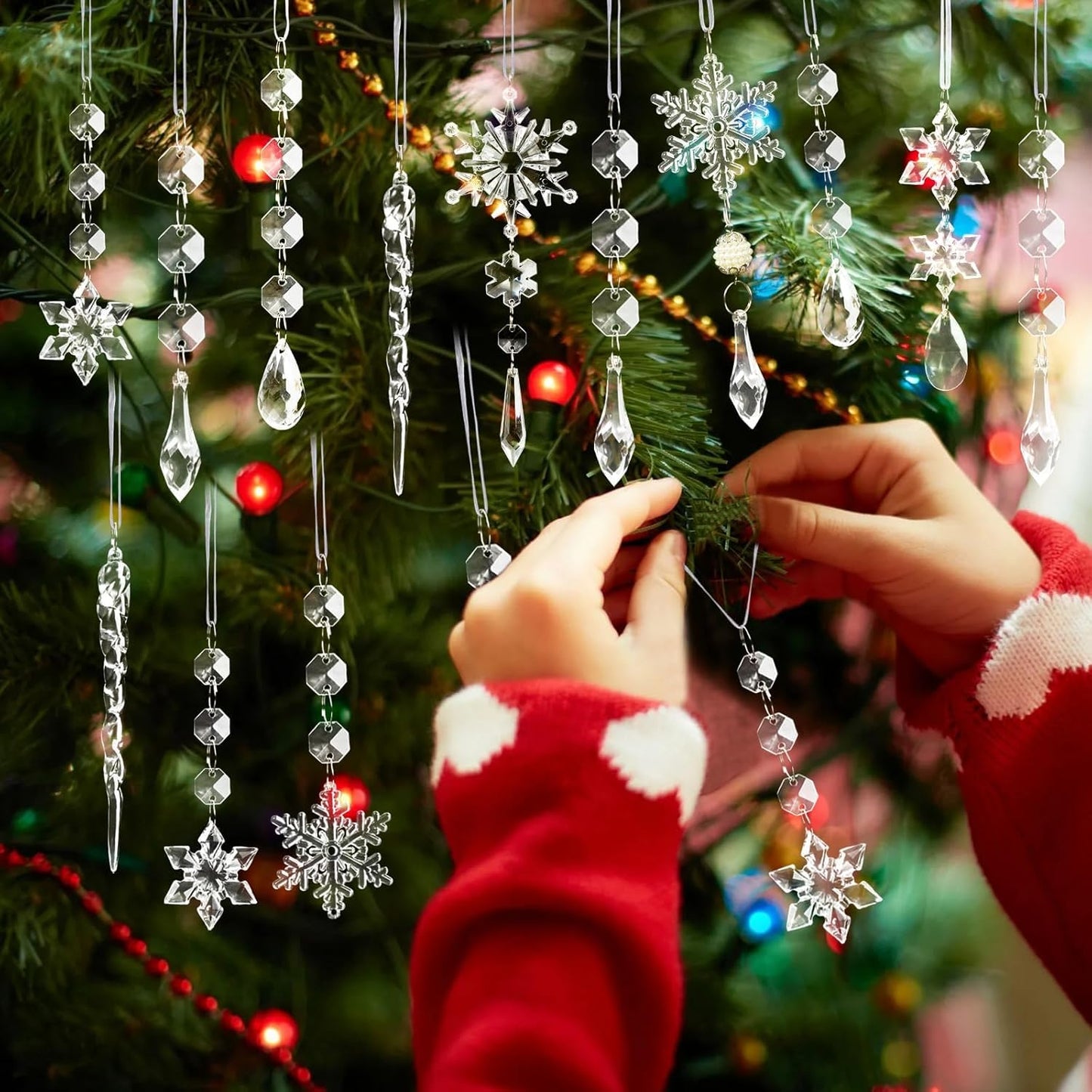 18pcs Christmas Tree Decoration Crystal Ornaments - Hanging Acrylic Christmas Snowflake Icicle Drop Crystal Ornaments for Xmas Tree Winter New Year Party Supplies