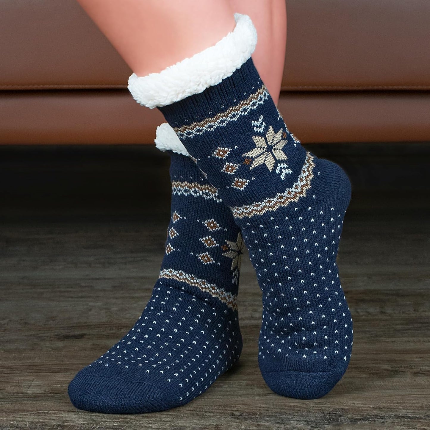 Women's Fuzzy Slipper Socks with Non-Slip Grippers, Cozy Fluffy Sherpa Lined, Cute Christmas Gifts