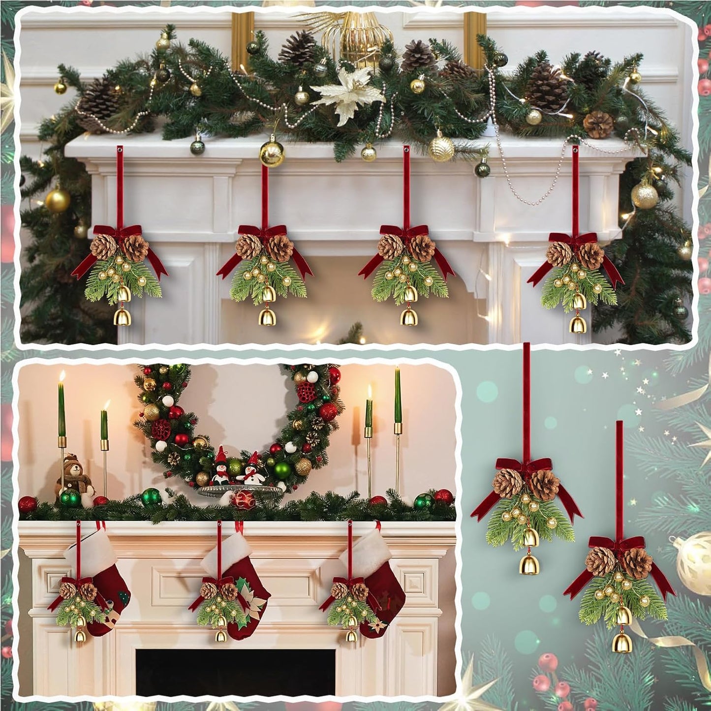 24" Christmas Wreaths for Front Door 2 PCS Christmas Teardrop Swag Winter Wreath with Red Ball Red Berry Pine Needles for Indoor Outdoor Farmhouse Home Wall Window Festival Wedding Decor