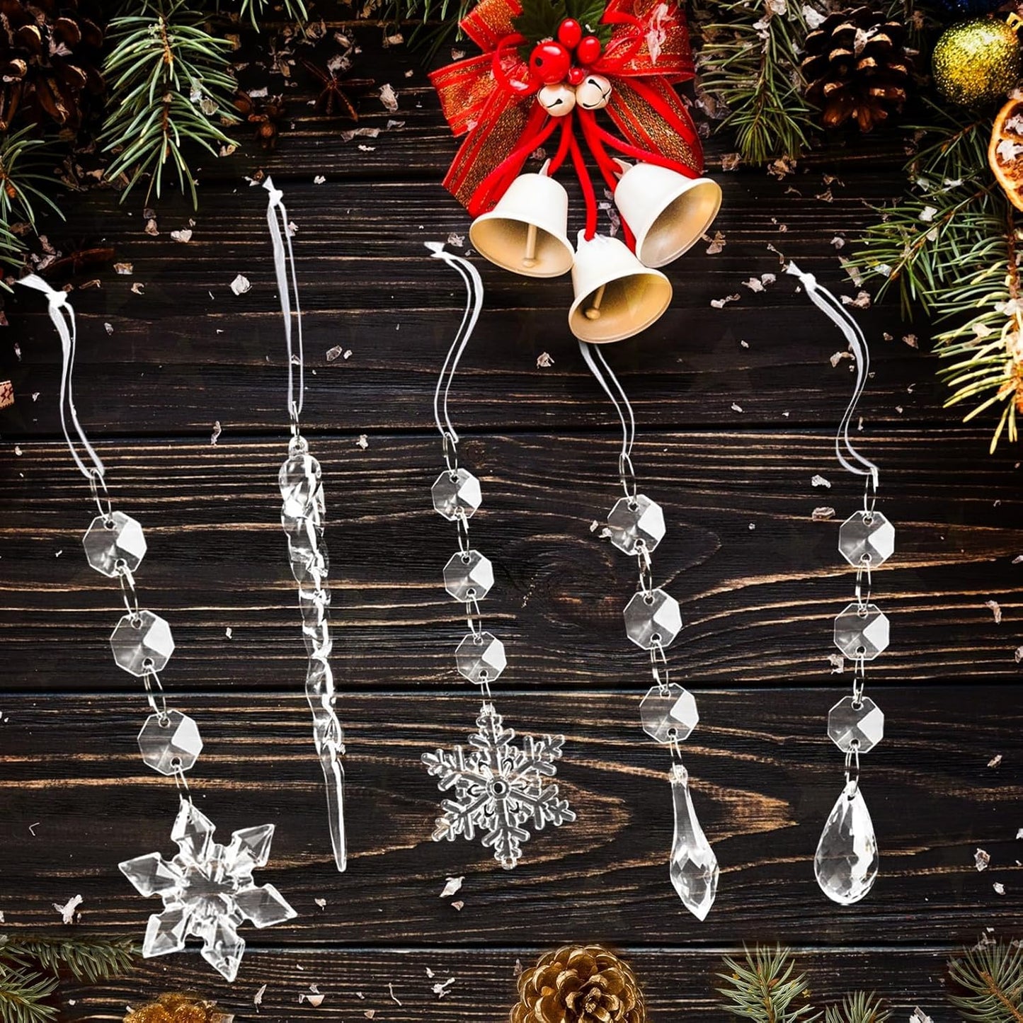 18pcs Christmas Tree Decoration Crystal Ornaments - Hanging Acrylic Christmas Snowflake Icicle Drop Crystal Ornaments for Xmas Tree Winter New Year Party Supplies