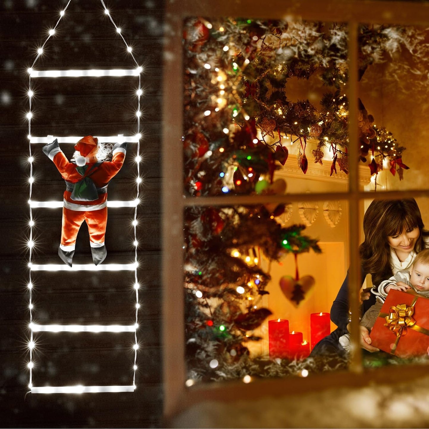 LED Christmas Lights - 10ft Christmas Decorative Ladder Lights with Santa Claus, Xmas Decorations Light for Indoor Outdoor, Window, Garden, Home, Wall, Xmas Tree Decor - Warm White