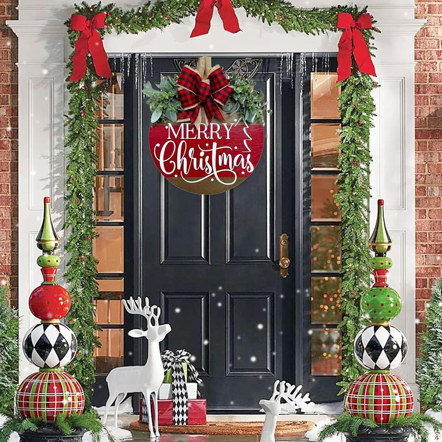 Merry Christmas Door Hanger Sign for Front, Chrismas Welcome Wooden Wreaths Sign with Bow for Winter Farmhouse Garden Porch Decorations (Christmas Door Sign)