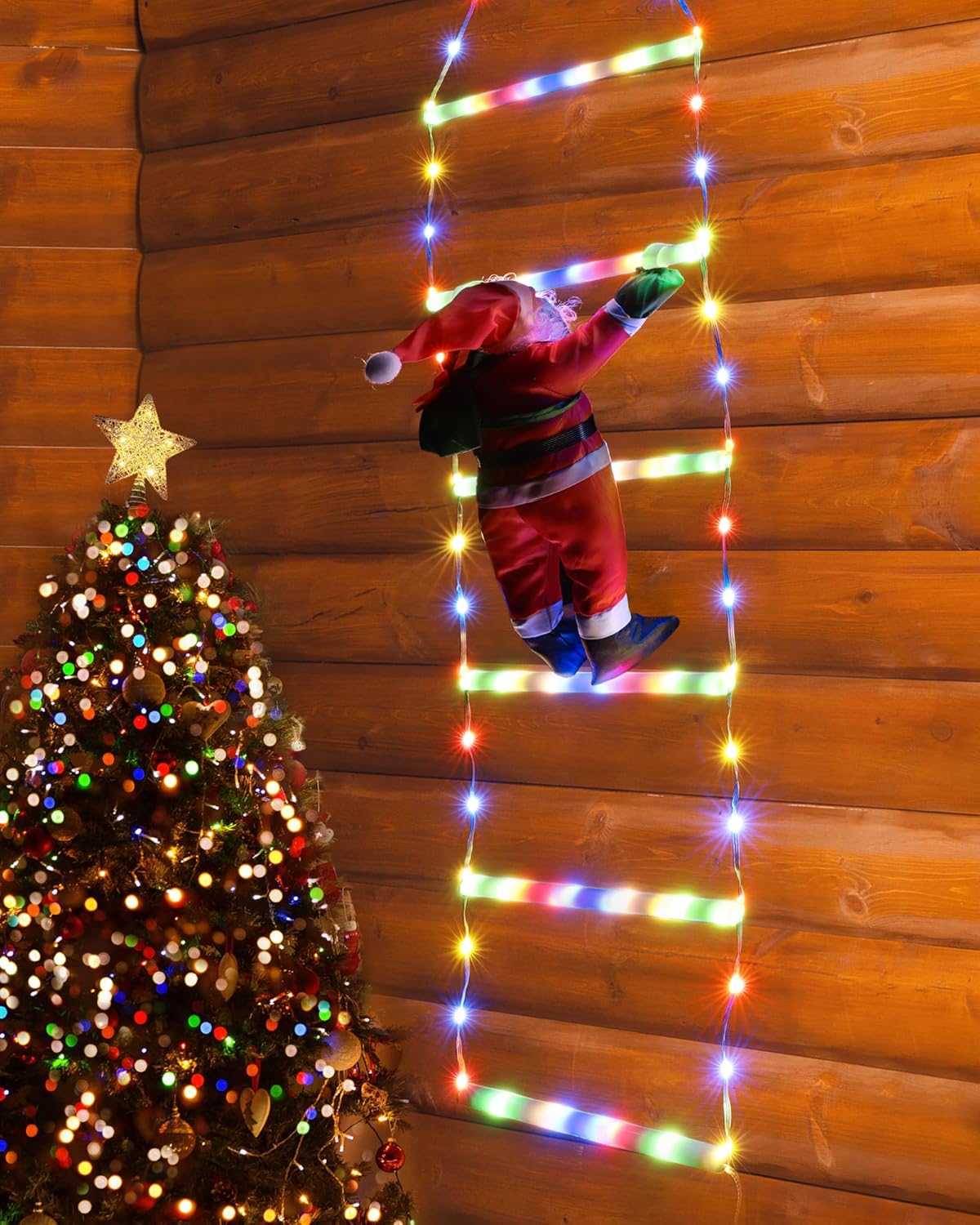 LED Christmas Lights - 10ft Christmas Decorative Ladder Lights with Santa Claus, Xmas Decorations Light for Indoor Outdoor, Window, Garden, Home, Wall, Xmas Tree Decor - Warm White
