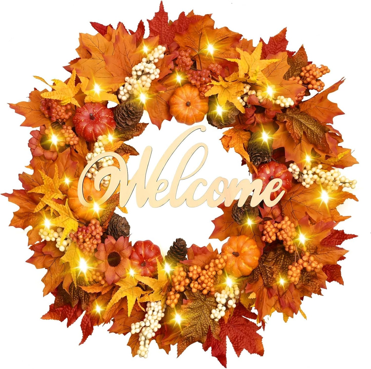 Waipfaru Fall Wreaths for Front Door - 20'' Autumn Wreath with Lights & Welcome Sign & Timer Function, Fall Leaf Reef Farmhouse Thanksgiving Decor for Outdoor Porch Patio