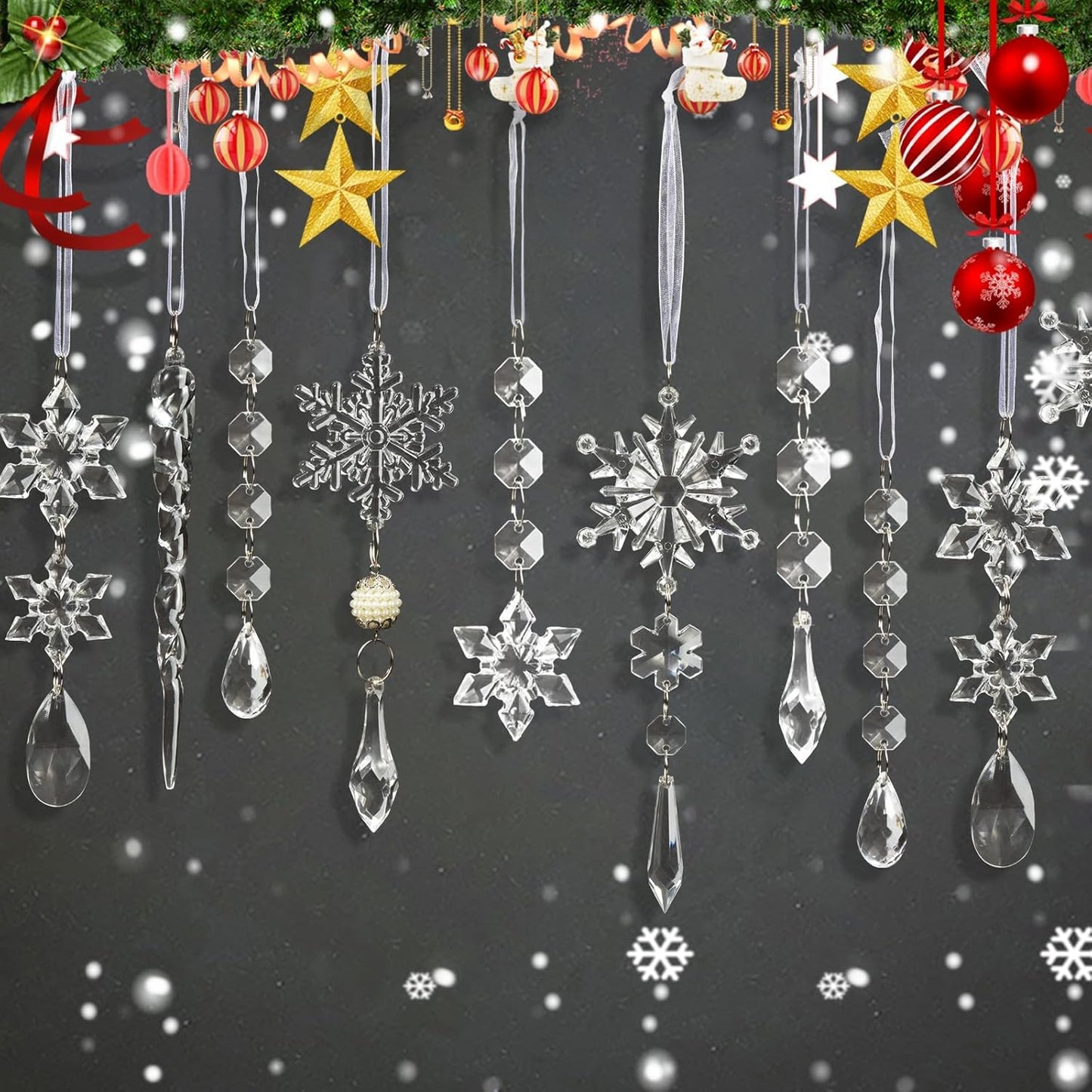 18pcs Christmas Tree Decoration Crystal Ornaments - Hanging Acrylic Christmas Snowflake Icicle Drop Crystal Ornaments for Xmas Tree Winter New Year Party Supplies