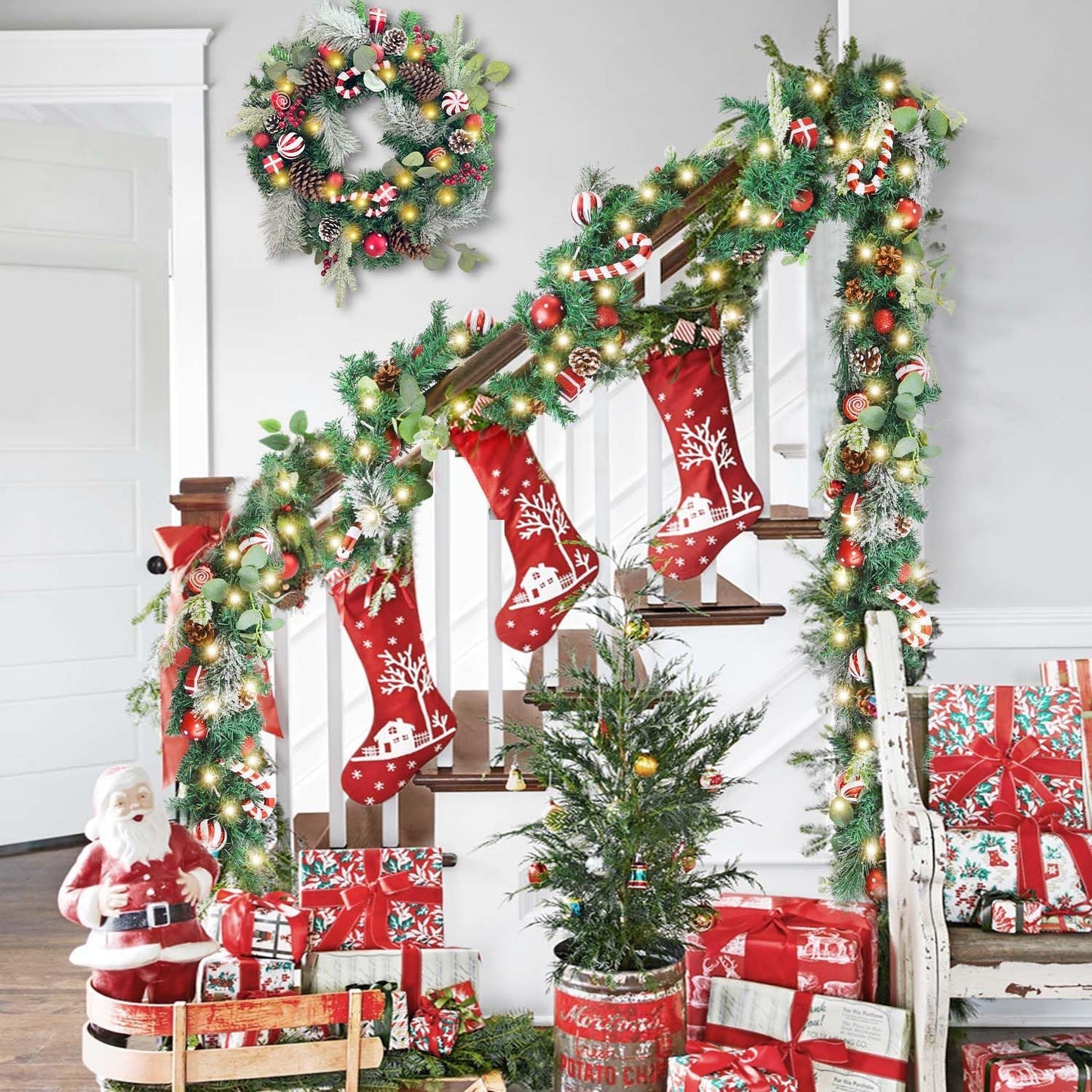 Pre-Lit 24 Inch Lighted Christmas Wreath for Front Door Champagne Gold Christmas Door Wreath Decor with Ball Ornaments, Poinsettia Flowers,Ribbon,Pine Cones,Battery Operated 30 LED Lights