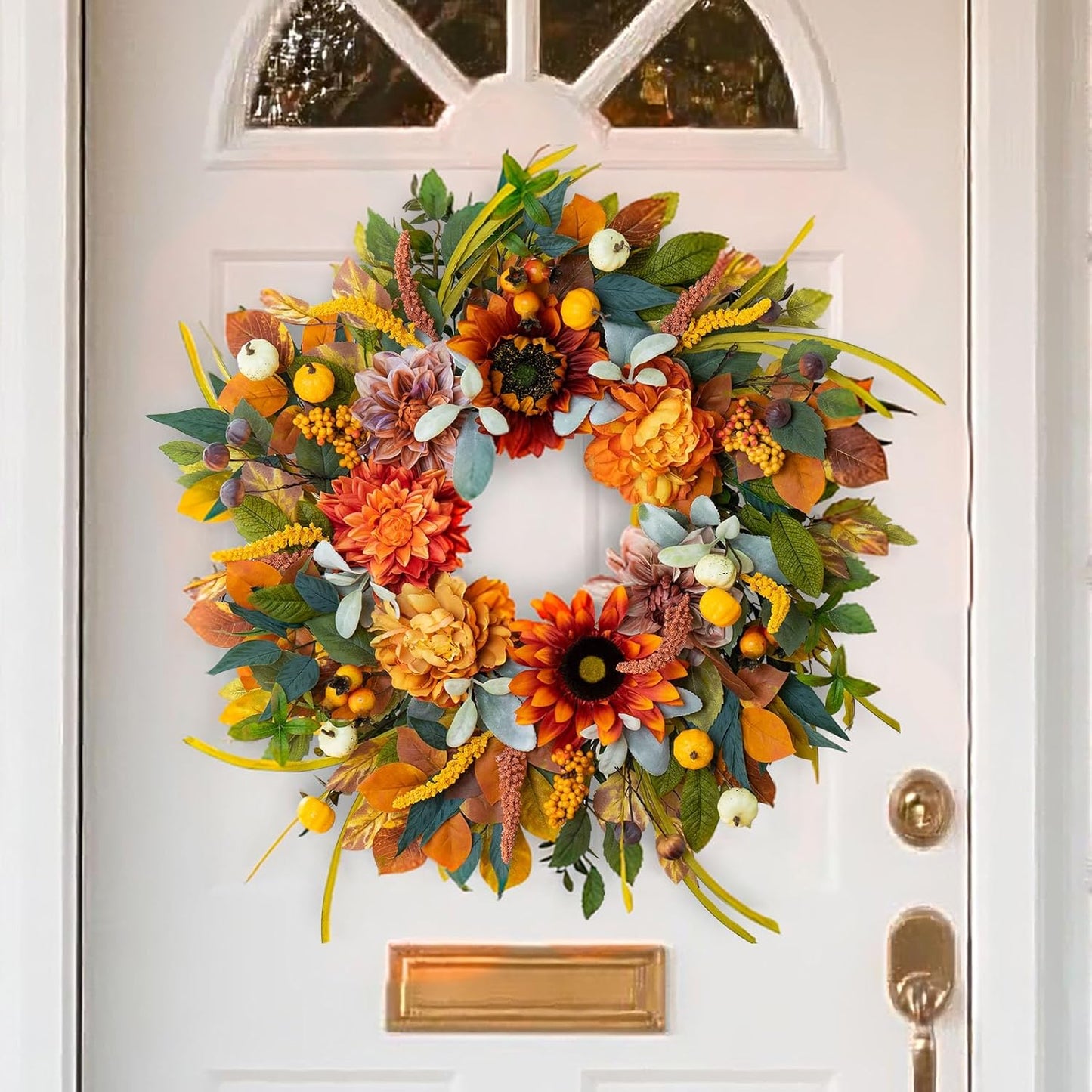 Fall Wreaths for Front Door 24 Inch Fall Wreath with Sunflowers, Dahlias & Pumpkins Autumn Harvest Wreath for Thanksgiving Outdoor or Indoor Autumn Wreaths for Front Door