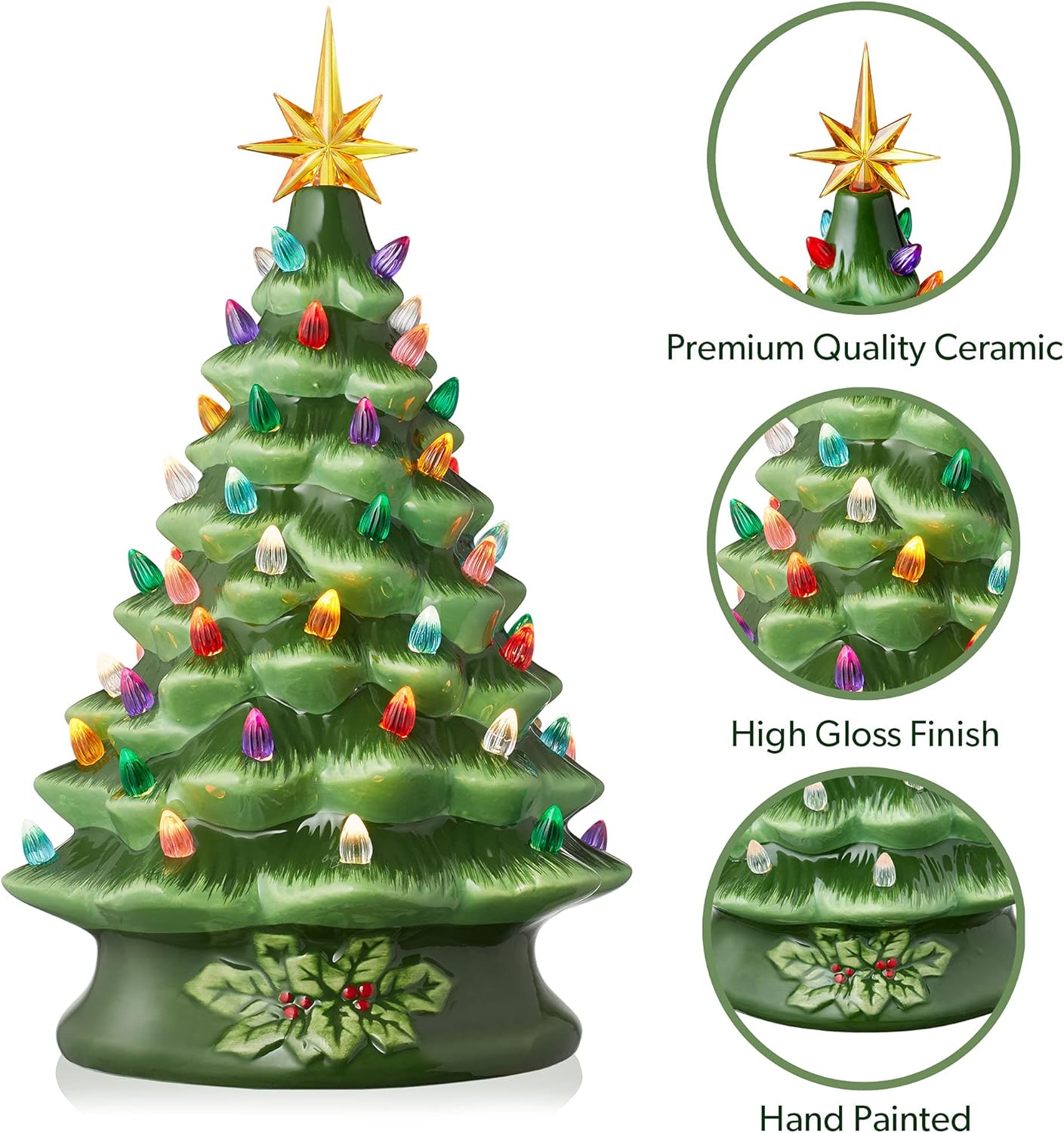 Hand Painted Ceramic Christmas Tree, Pink 15-Inch Pre-Lit Tree with 128 Multi Color Lights and 2 Star Toppers