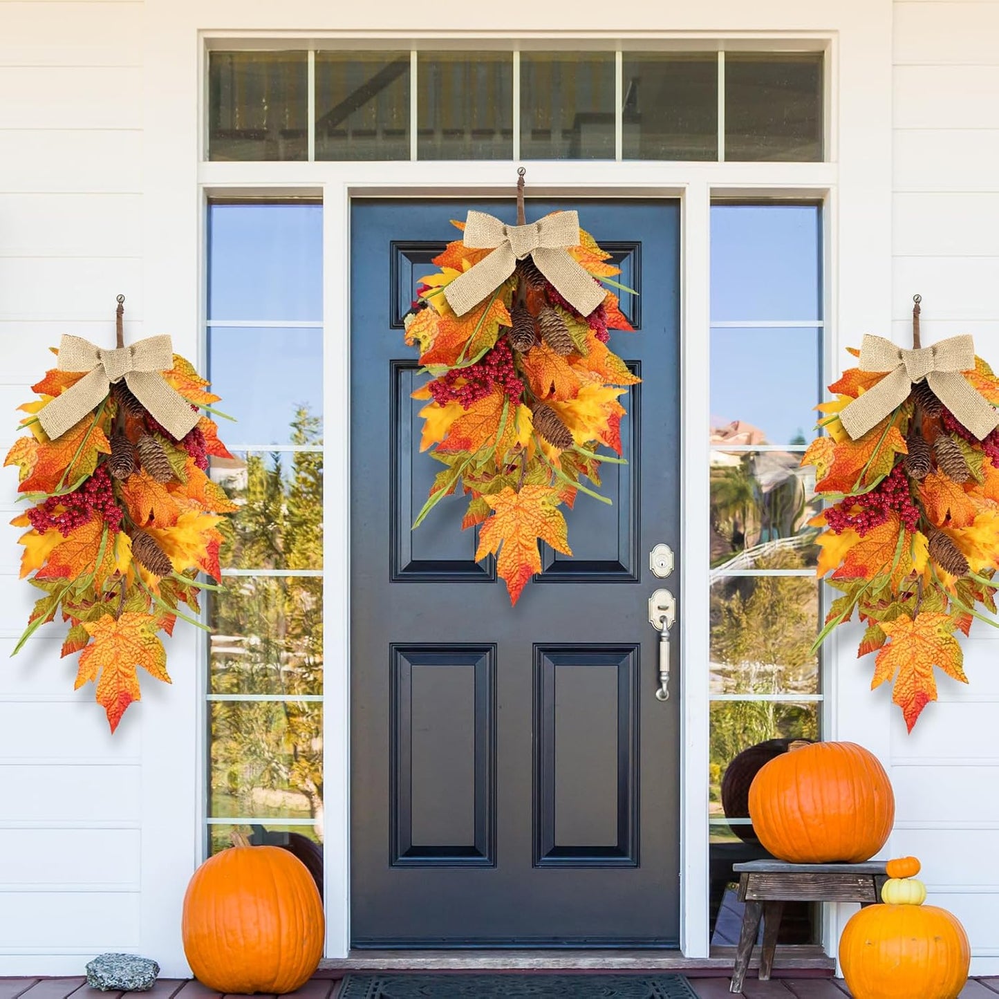 24" Christmas Wreaths for Front Door 2 PCS Christmas Teardrop Swag Winter Wreath with Red Ball Red Berry Pine Needles for Indoor Outdoor Farmhouse Home Wall Window Festival Wedding Decor