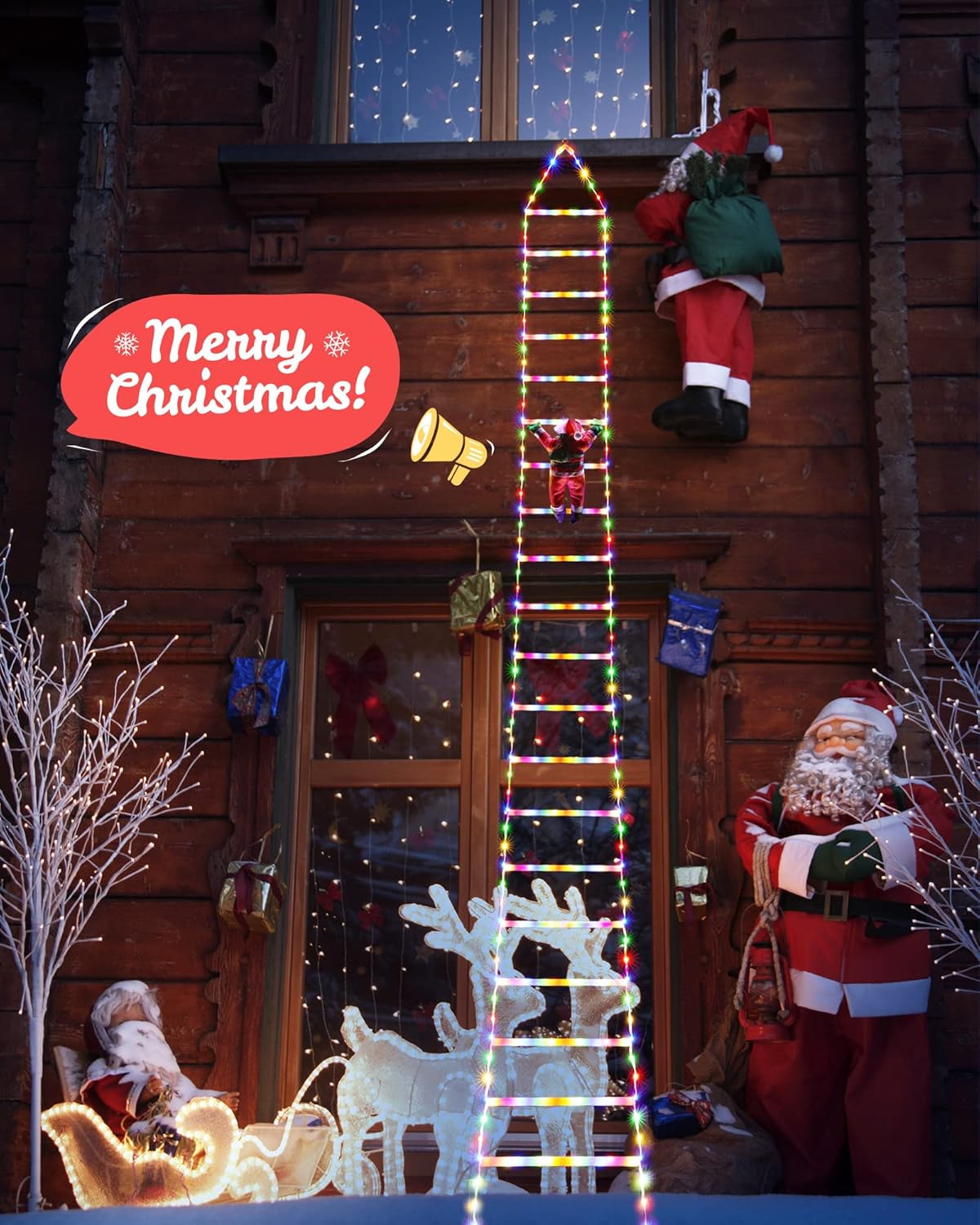 LED Christmas Lights - 10ft Christmas Decorative Ladder Lights with Santa Claus, Xmas Decorations Light for Indoor Outdoor, Window, Garden, Home, Wall, Xmas Tree Decor - Warm White