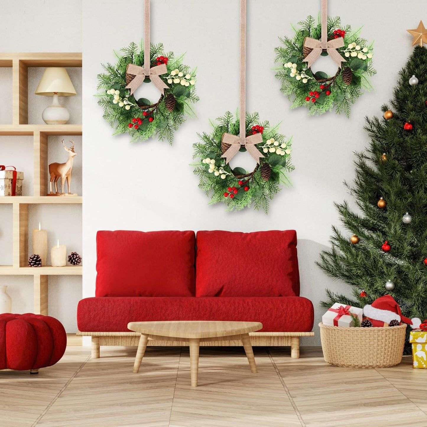 24" Christmas Wreaths for Front Door 2 PCS Christmas Teardrop Swag Winter Wreath with Red Ball Red Berry Pine Needles for Indoor Outdoor Farmhouse Home Wall Window Festival Wedding Decor