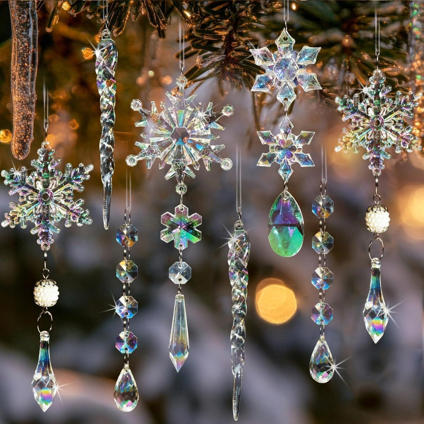 18pcs Christmas Tree Decoration Crystal Ornaments - Hanging Acrylic Christmas Snowflake Icicle Drop Crystal Ornaments for Xmas Tree Winter New Year Party Supplies